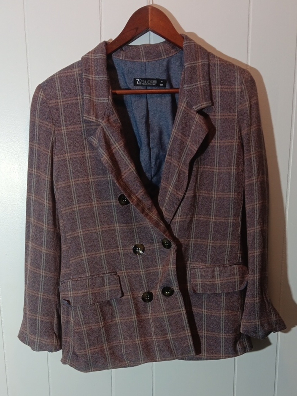 7th Avenue Design Studio Mauve Plaid Double-Breasted Blazer
